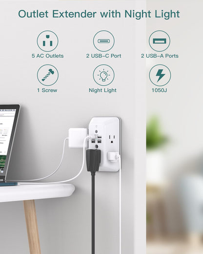 Addtam 9 In 1 USB Wall Outlet With Night Light 5 Outlets