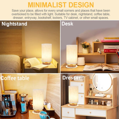Small Bedside Lamp With Wood Base And Round Warm White Shade