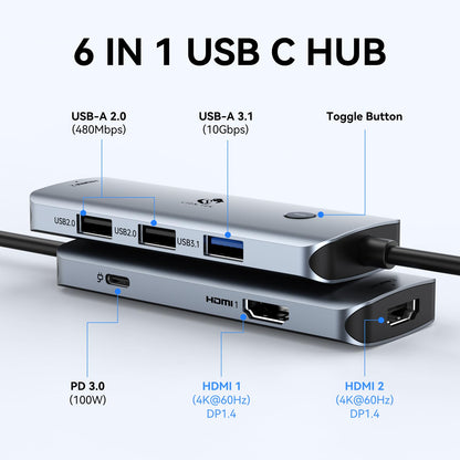 USB C Docking Station Dual Monitor 4K HDMI Hub 6 In 1