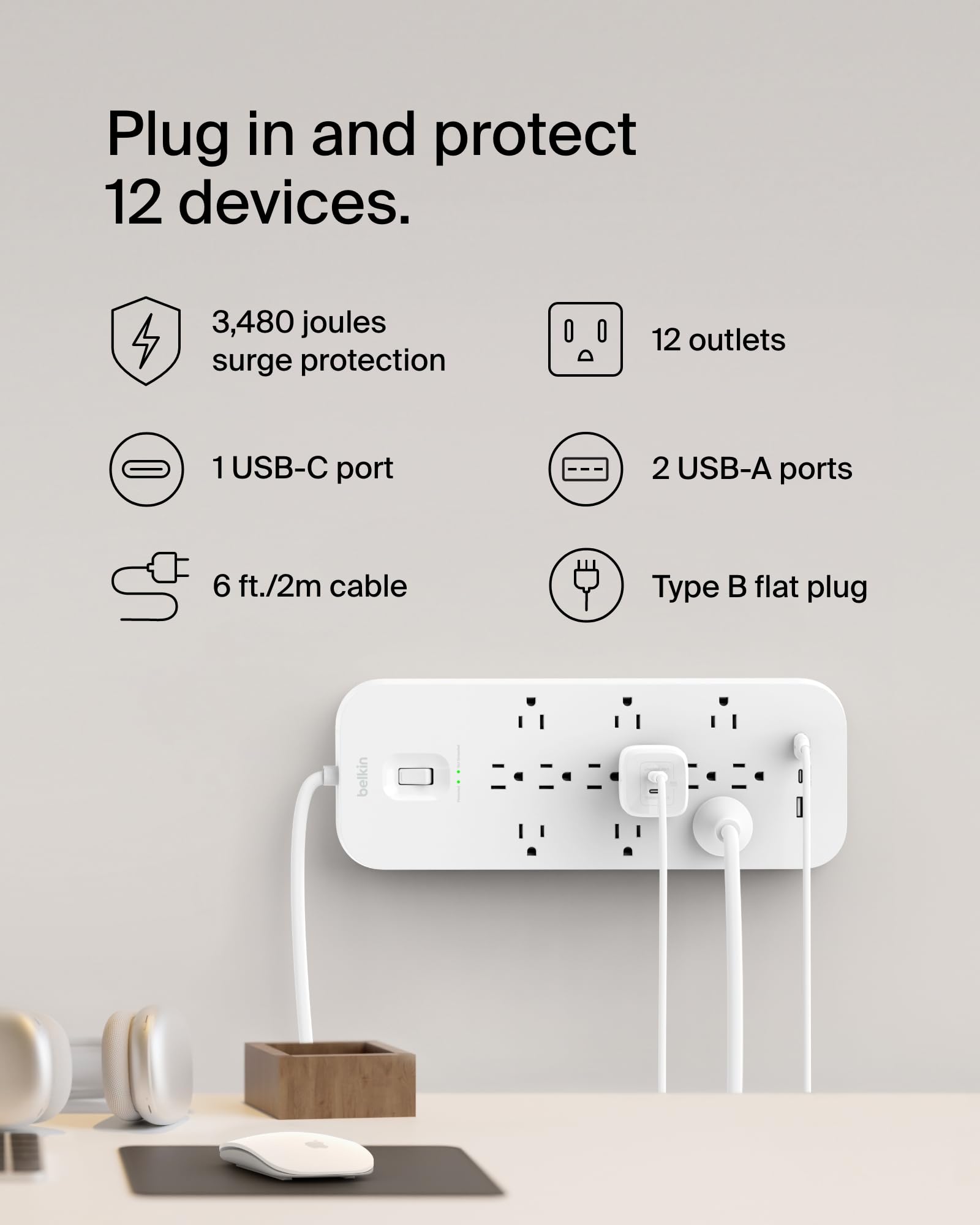 Belkin 12 Outlet Surge Protector Power Strip USB C Safe