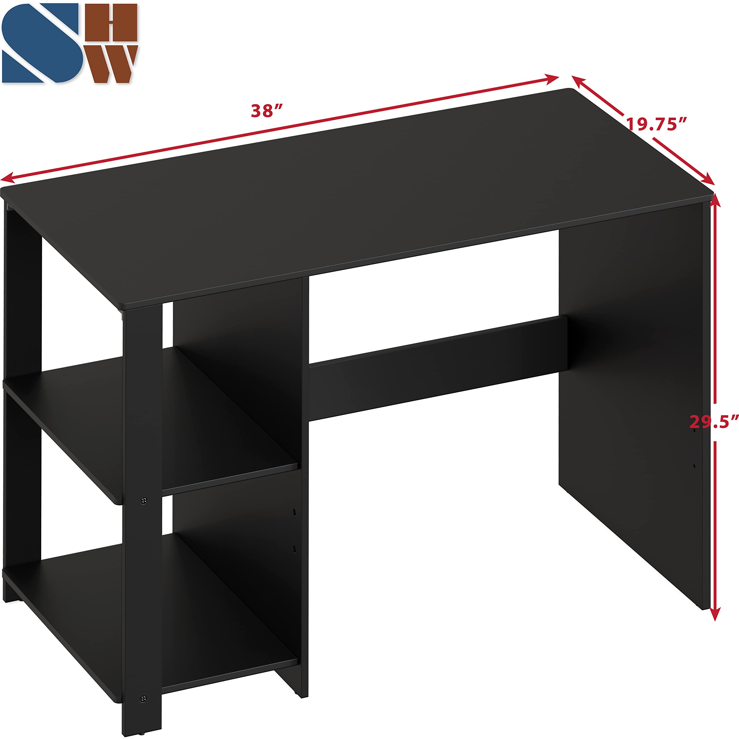 SHW 38 Inch Black Home Office Desk with Shelves
