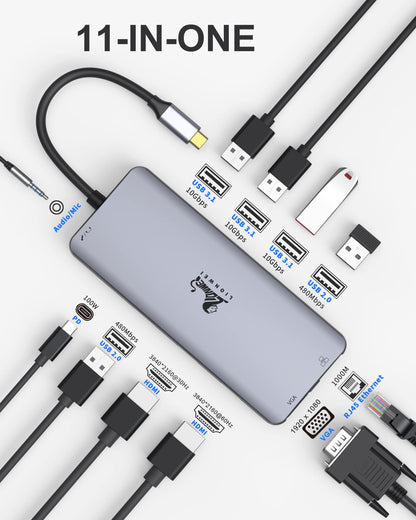USB C Docking Station Dual Monitor 4K HDMI Hub 6 In 1
