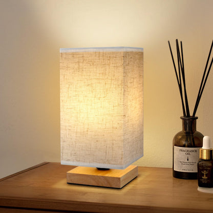 Small Bedside Lamp With Wood Base And Round Warm White Shade