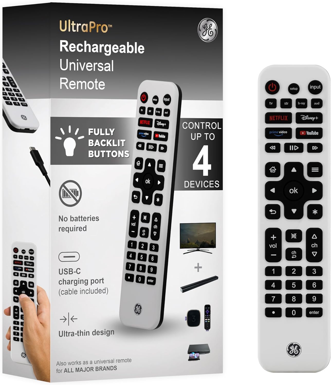 GE Rechargeable Universal TV Remote Control with Backlit Buttons