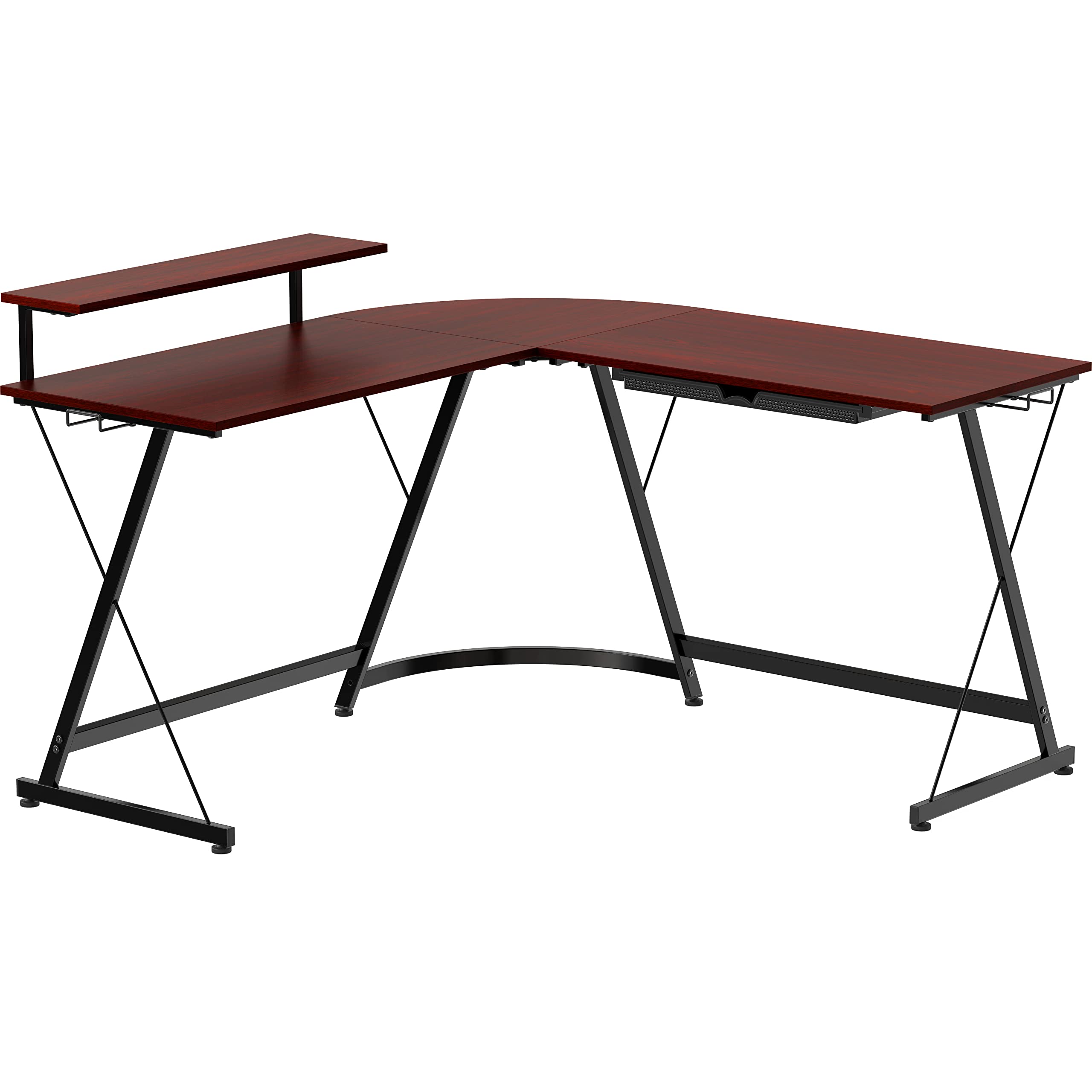L Shaped Black Desk with Monitor Stand and Drawer