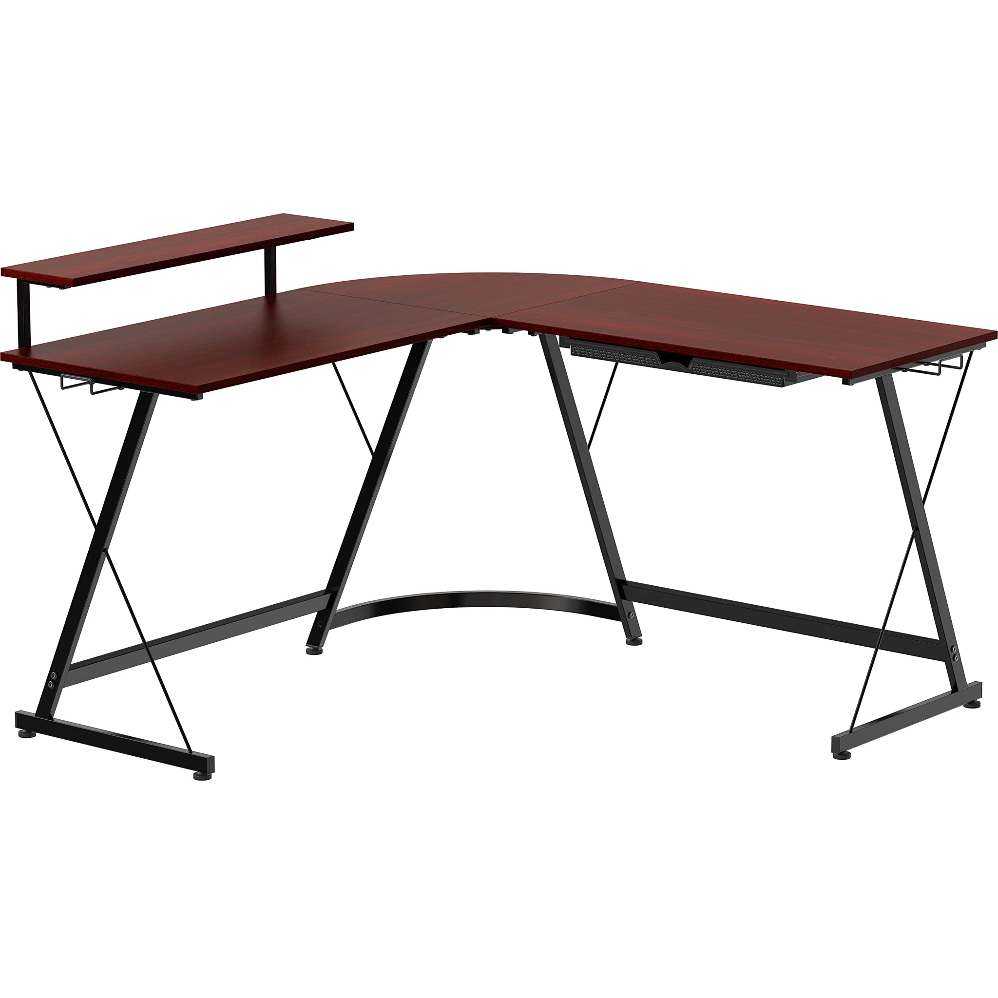 L Shaped Black Desk with Monitor Stand and Drawer