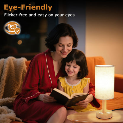 Small Bedside Lamp With Wood Base And Round Warm White Shade