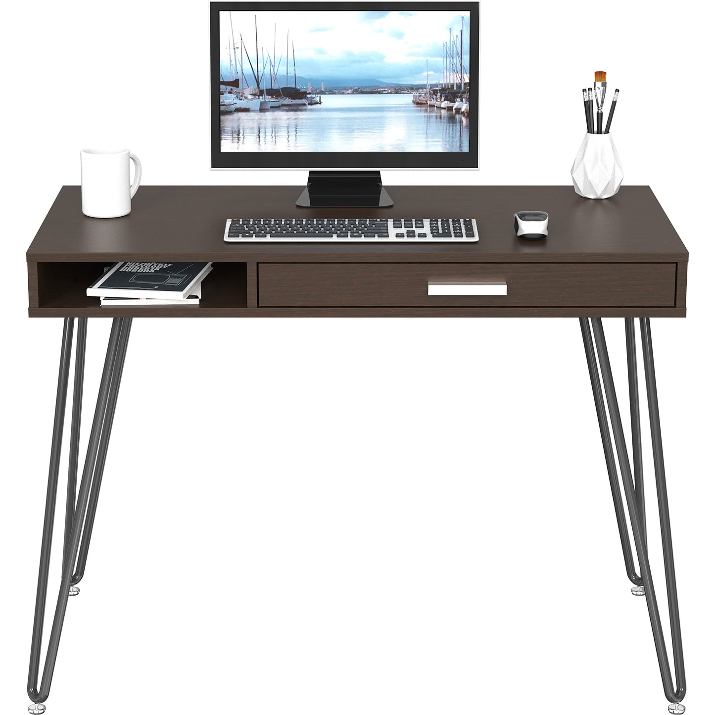 Elegant White Hairpin Leg Desk with Drawer