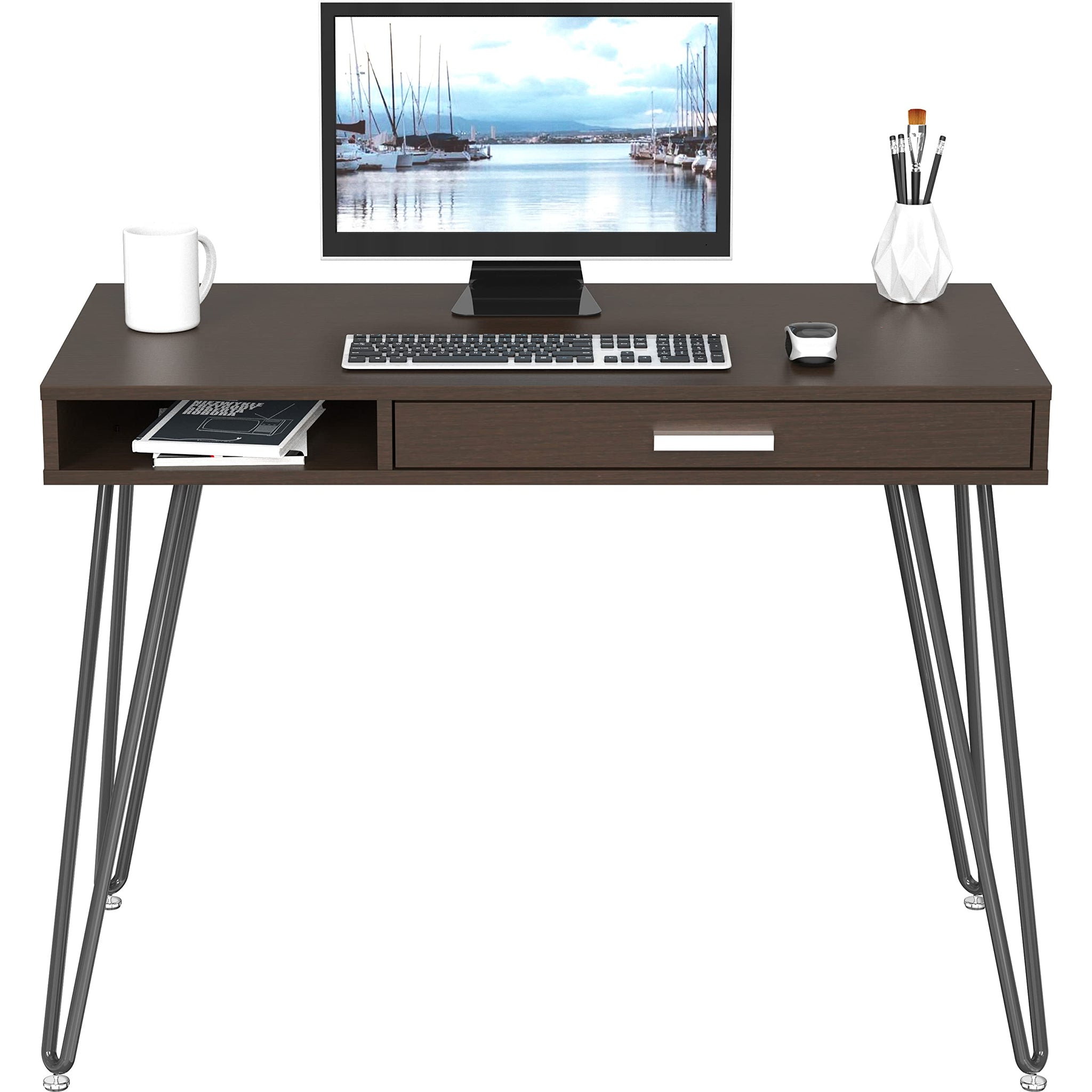 Elegant White Hairpin Leg Desk with Drawer