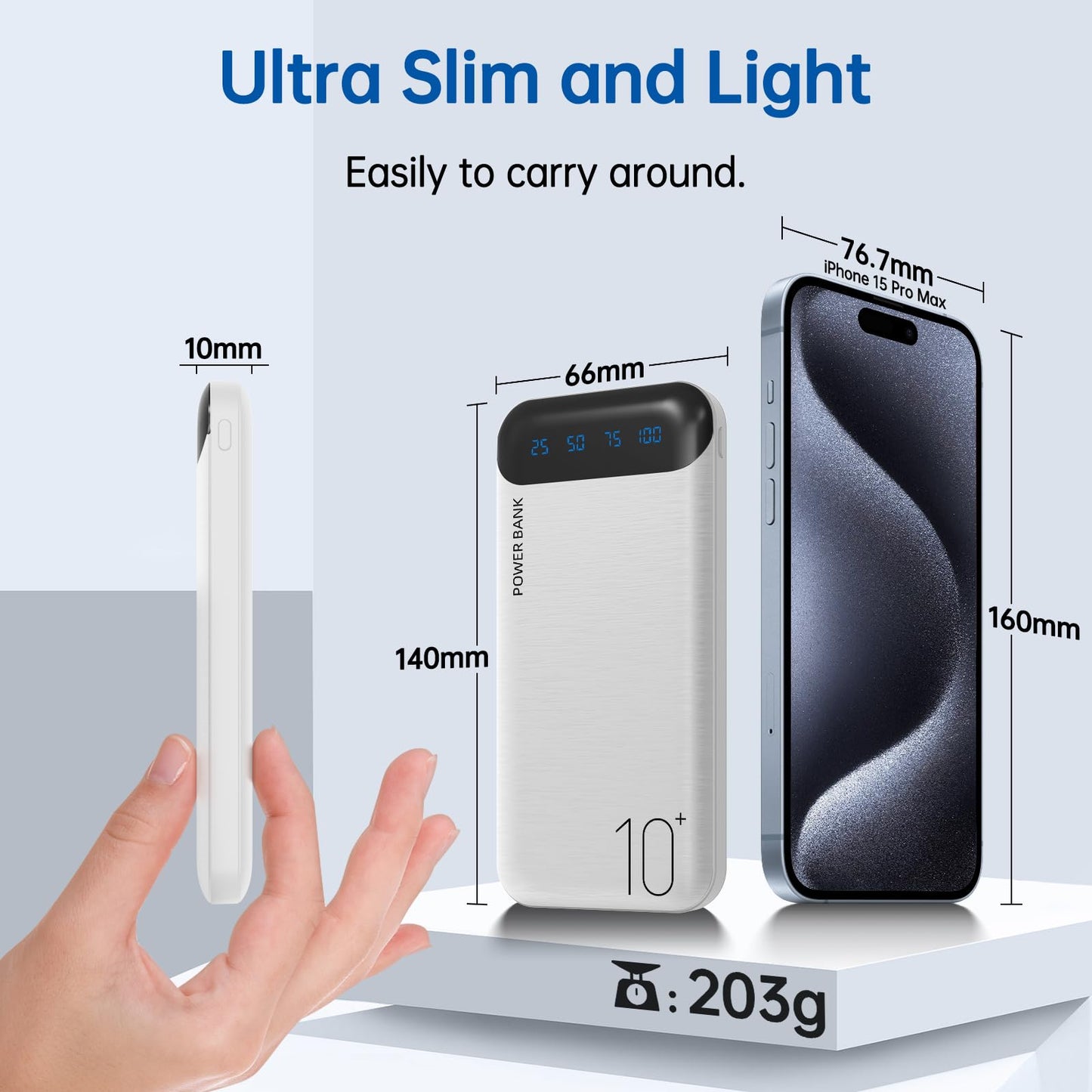 Power Bank 10000mAh Portable Charger Slim Battery Pack USB C