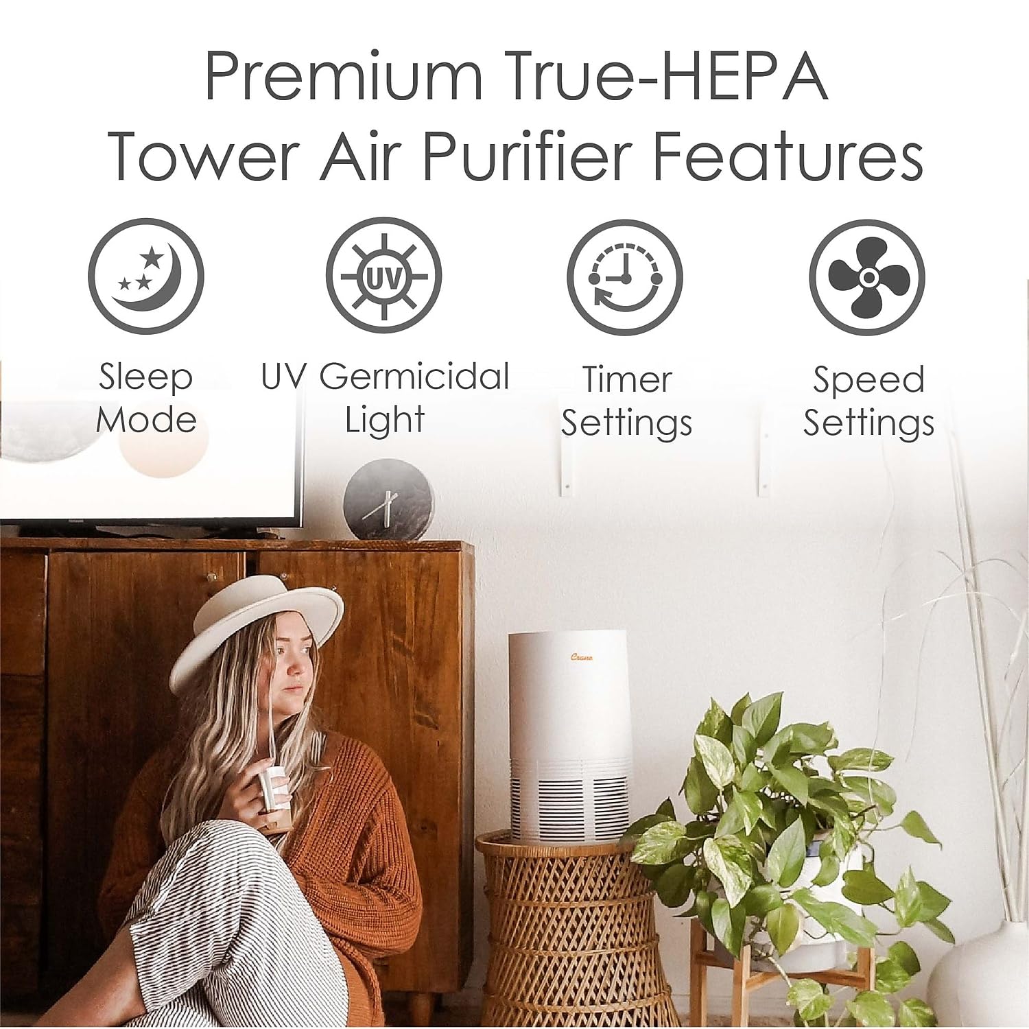 Crane HEPA Air Purifier with UV Lamp for Clean Air