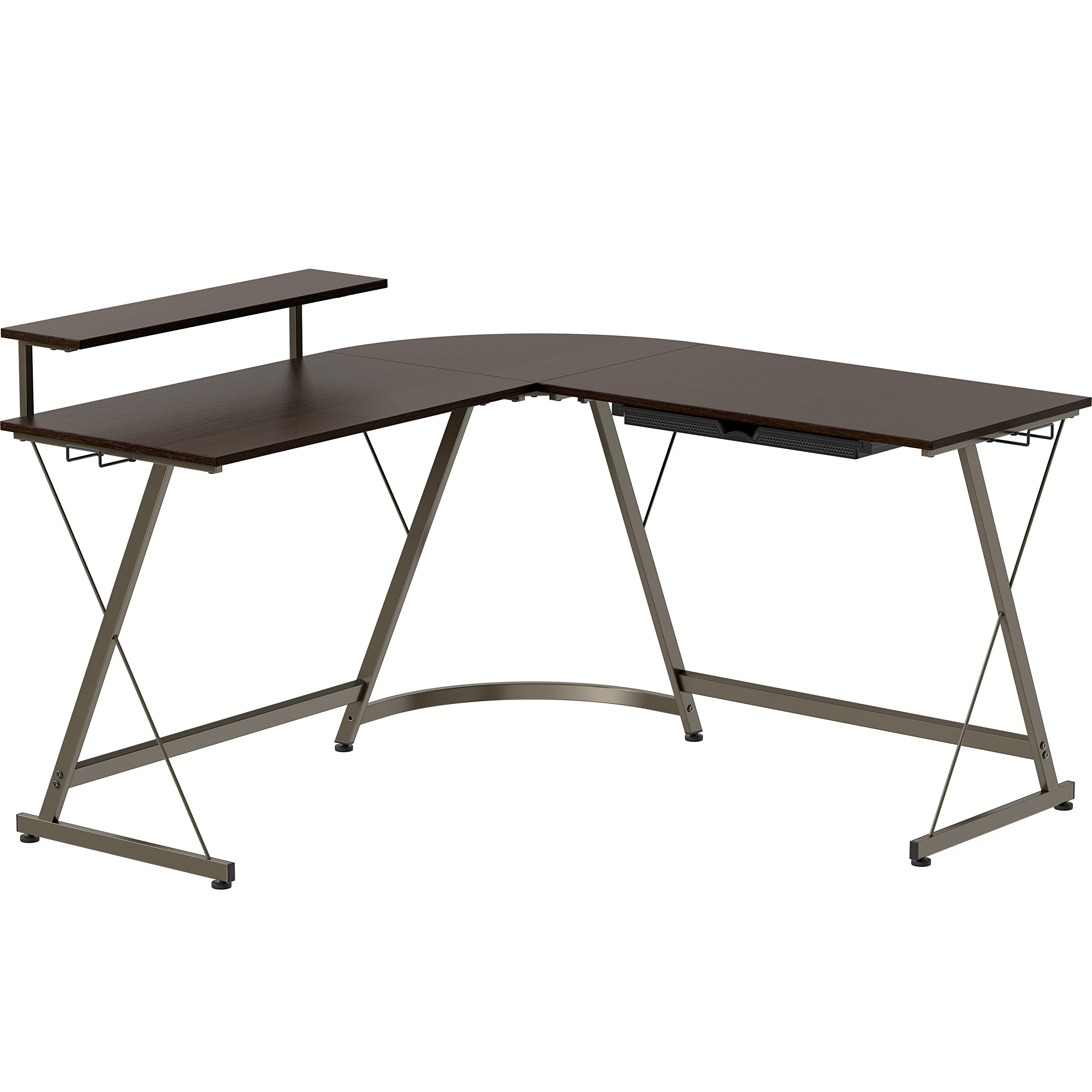 L Shaped Black Desk with Monitor Stand and Drawer