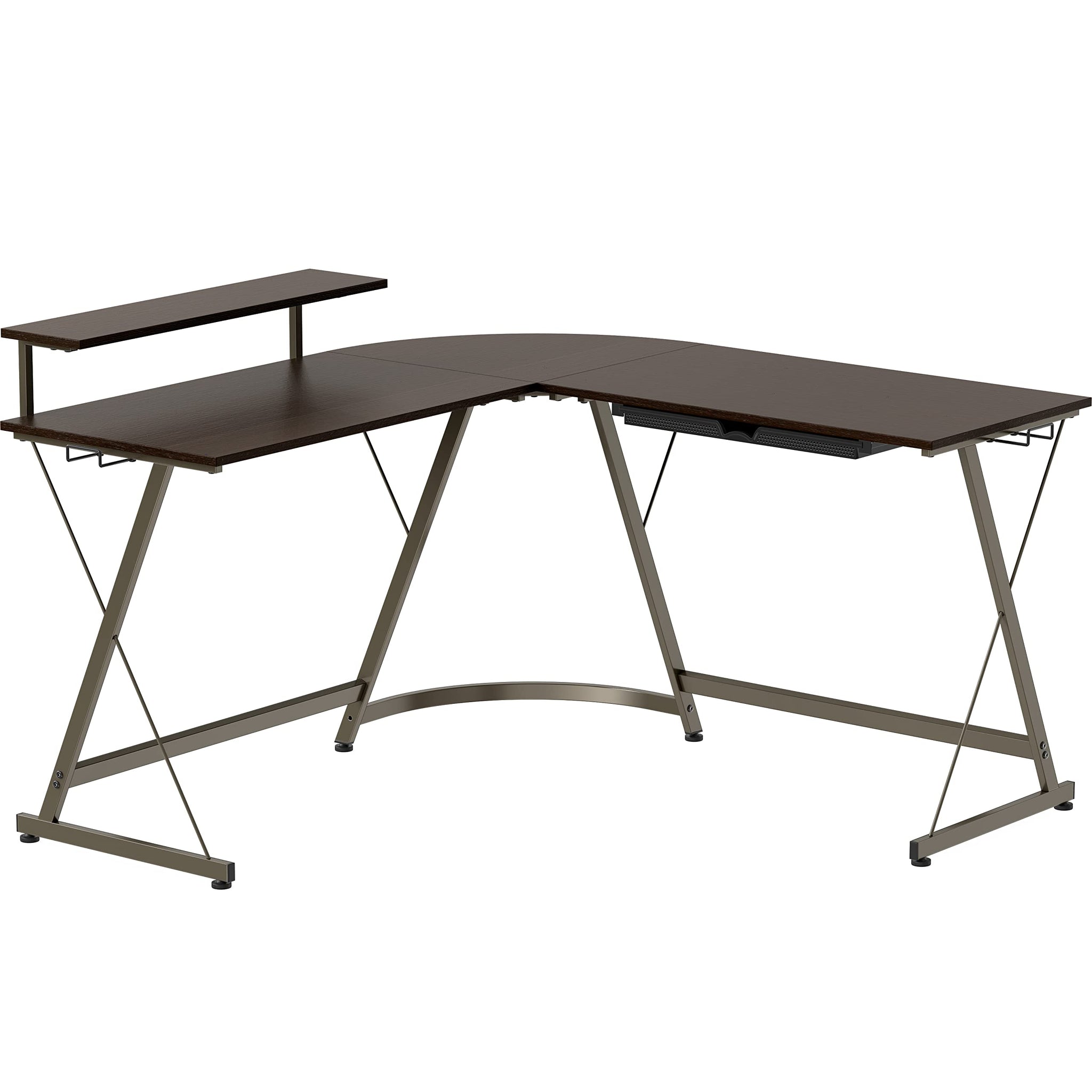 L Shaped Black Desk with Monitor Stand and Drawer