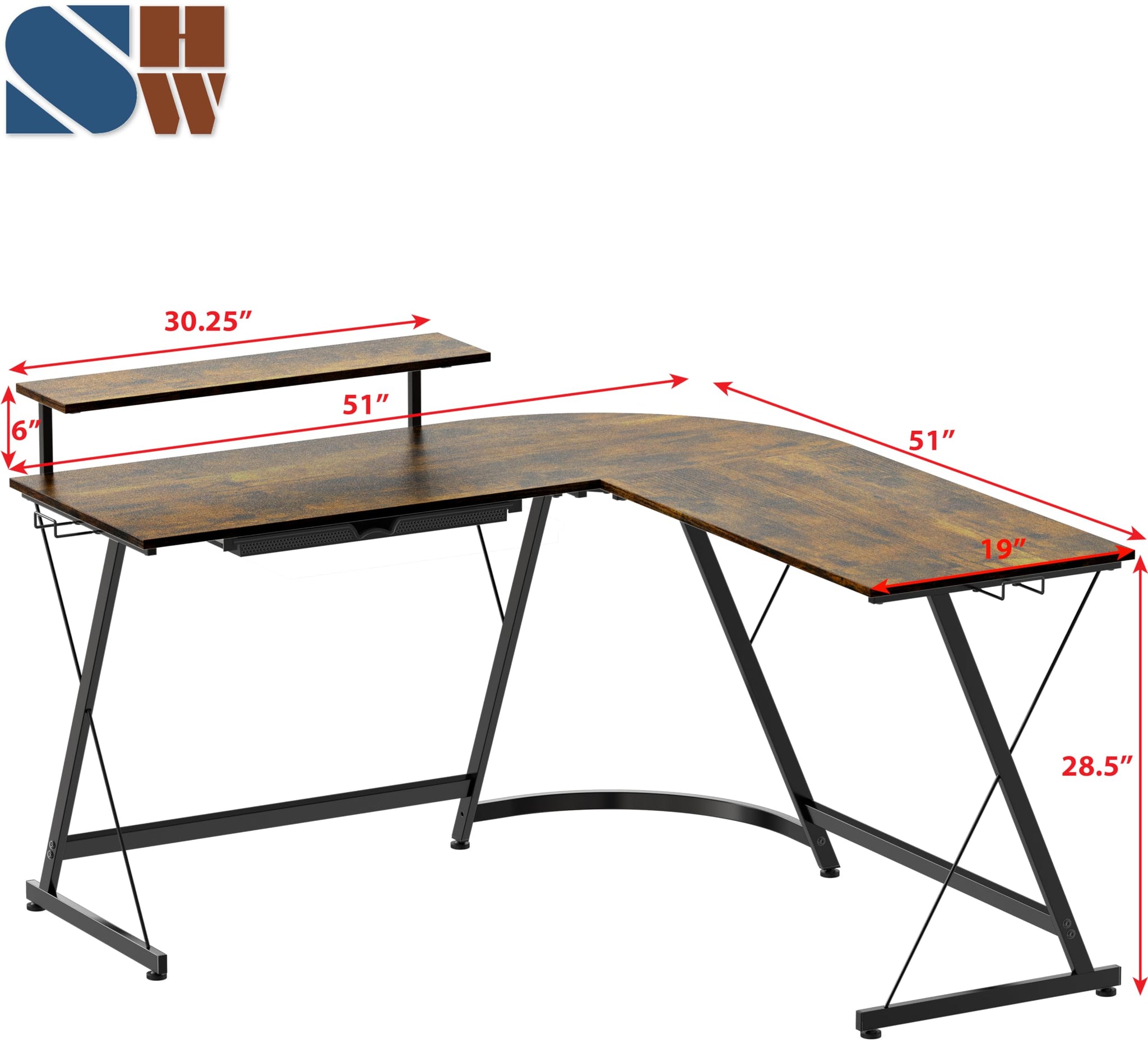 L Shaped Black Desk with Monitor Stand and Drawer
