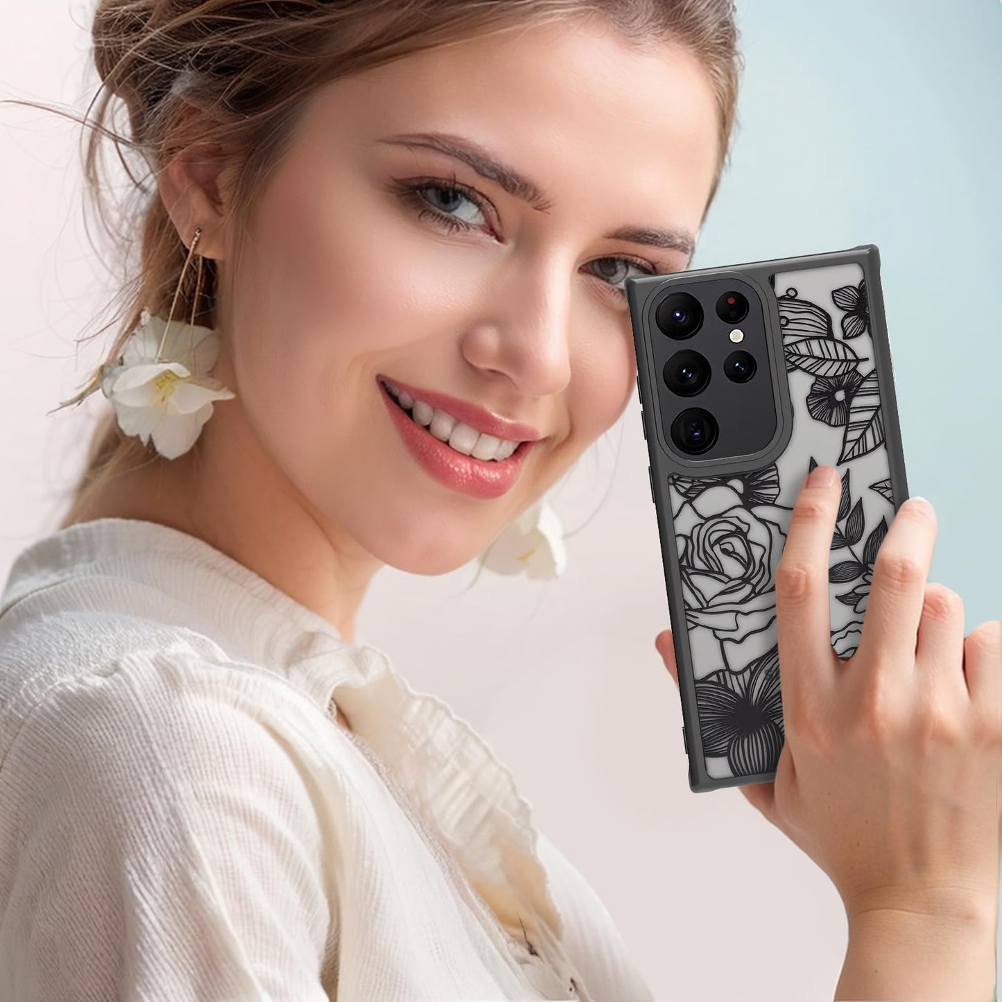 Samsung Galaxy A16 5G Case Black Line Art Floral Rose Pattern Heavy Duty PC