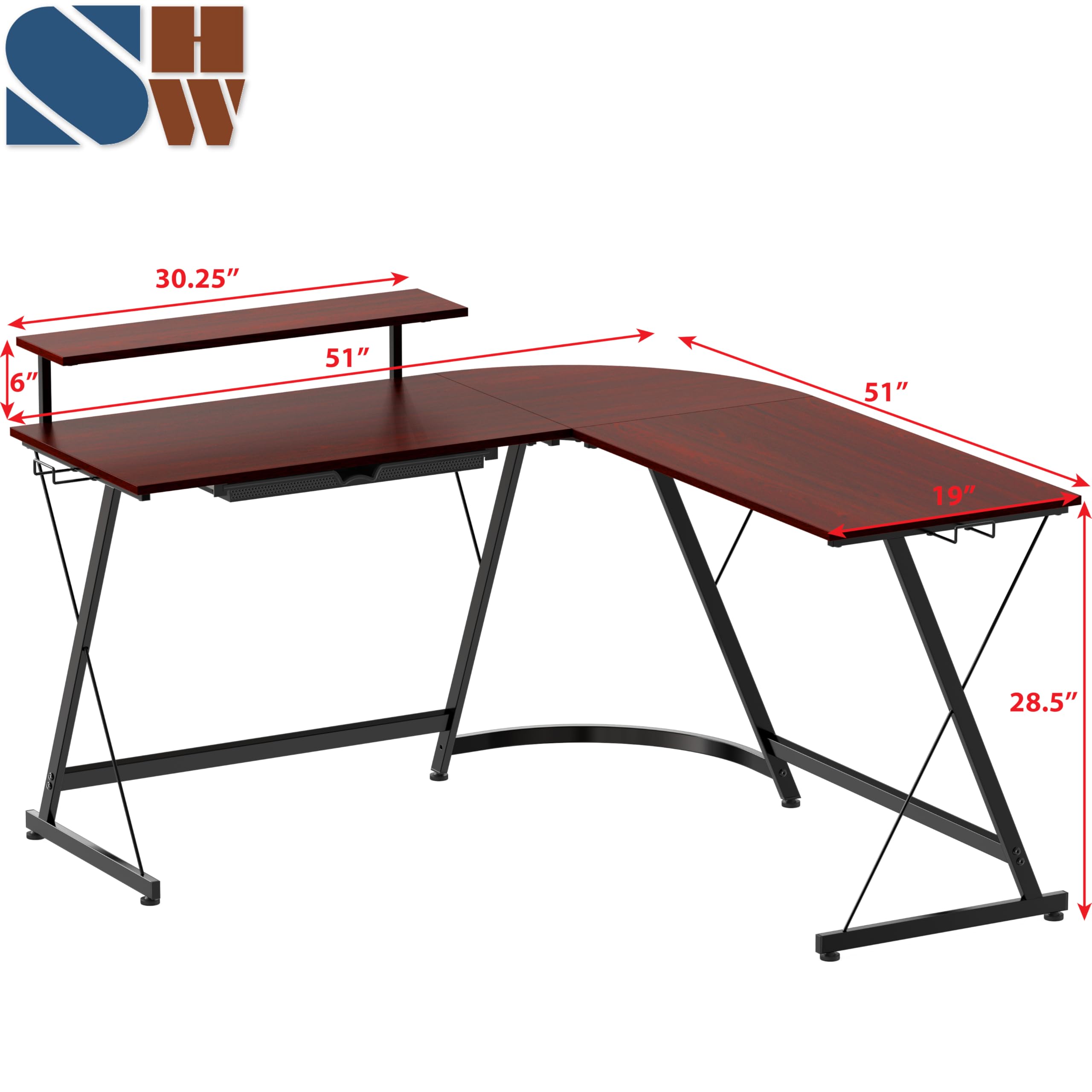 L Shaped Black Desk with Monitor Stand and Drawer