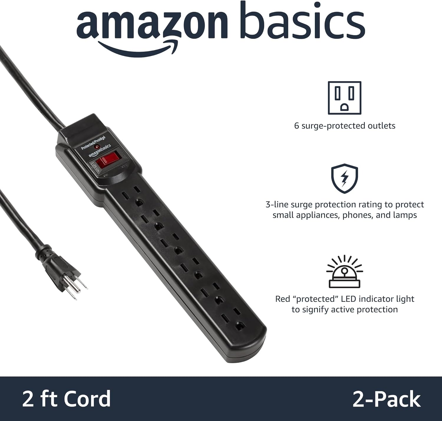 Amazon Basics Two Pack Surge Protector Power Strip 200J