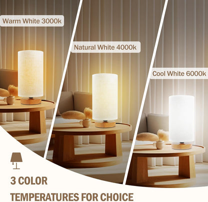 Small Bedside Lamp With Wood Base And Round Warm White Shade