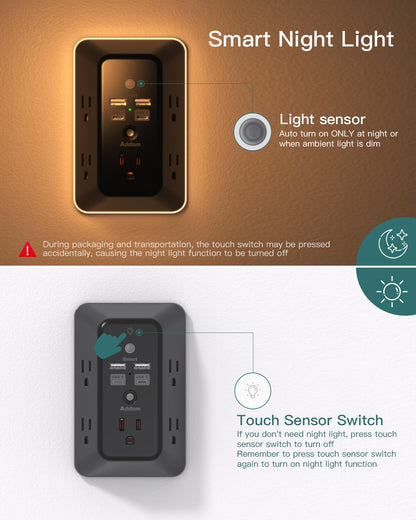 Addtam 9 In 1 USB Wall Outlet With Night Light 5 Outlets