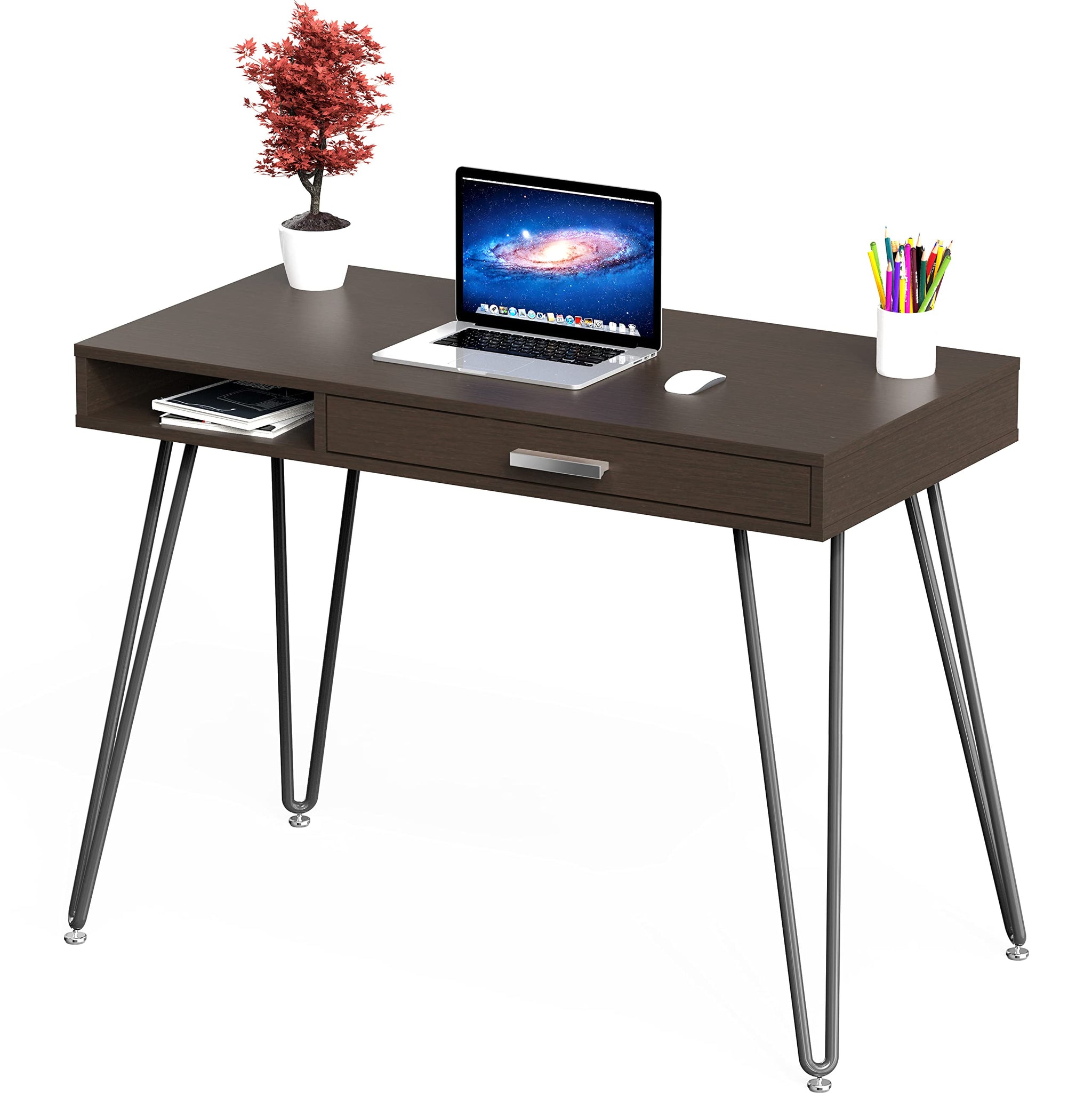 Elegant White Hairpin Leg Desk with Drawer
