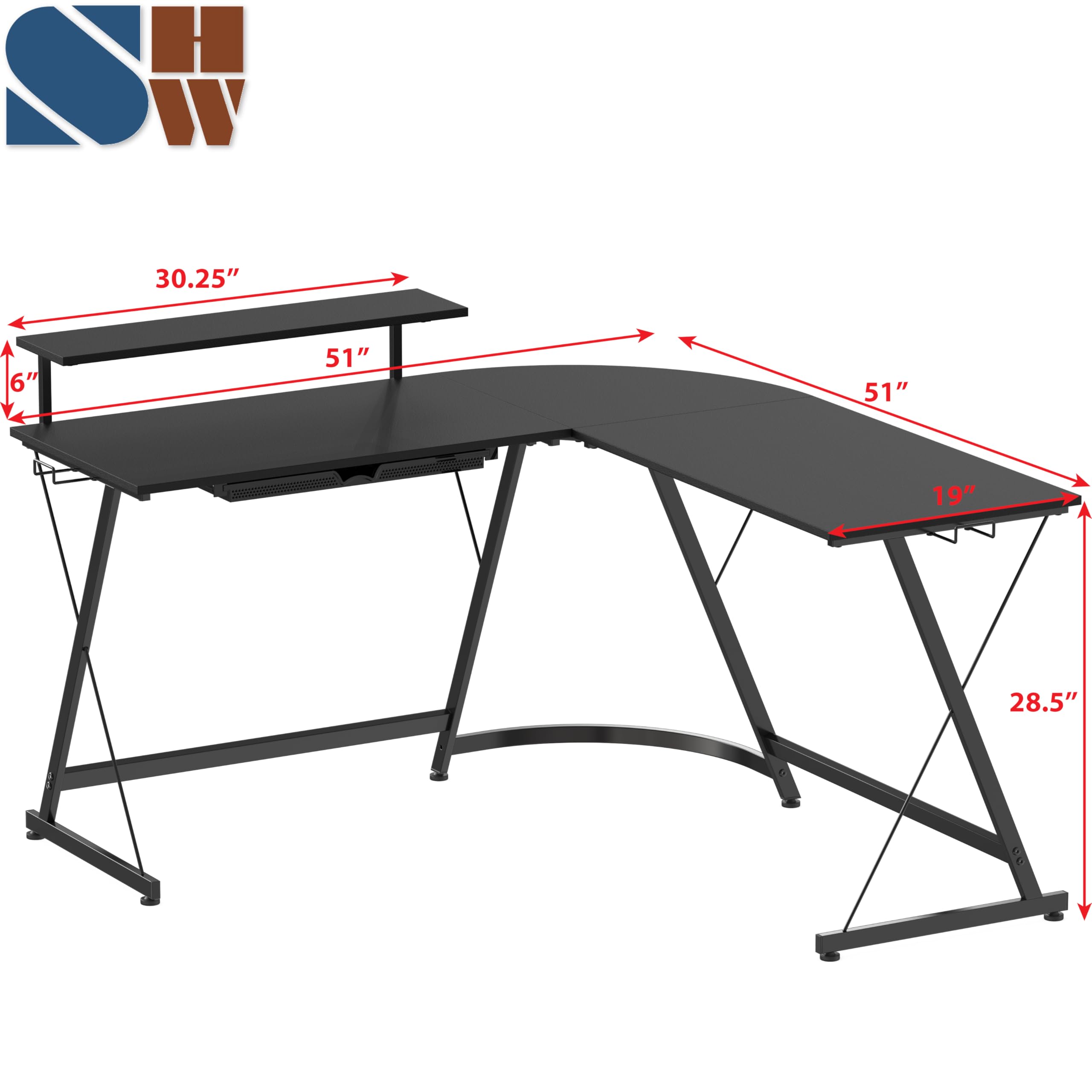 L Shaped Black Desk with Monitor Stand and Drawer