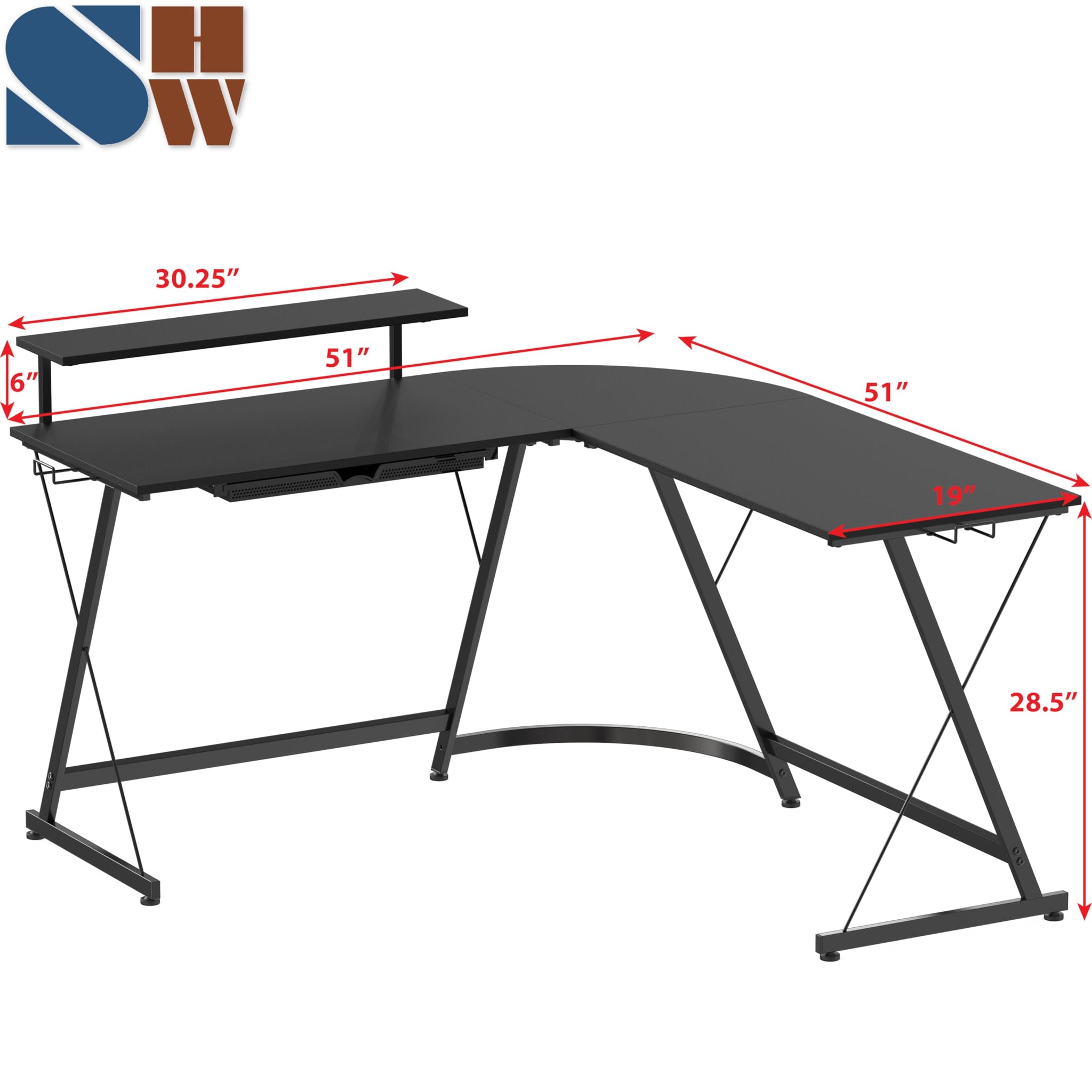 L Shaped Black Desk with Monitor Stand and Drawer