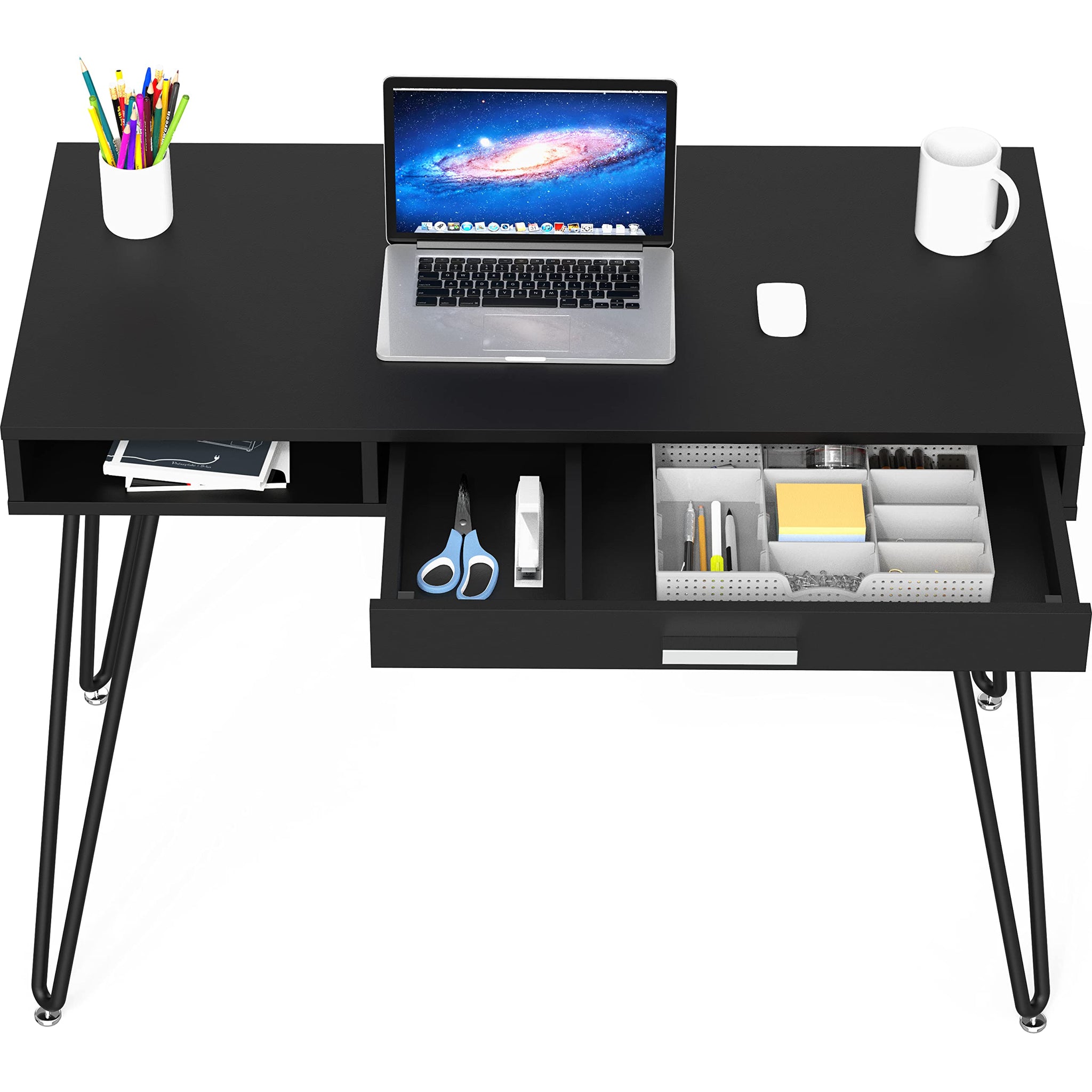 Elegant White Hairpin Leg Desk with Drawer