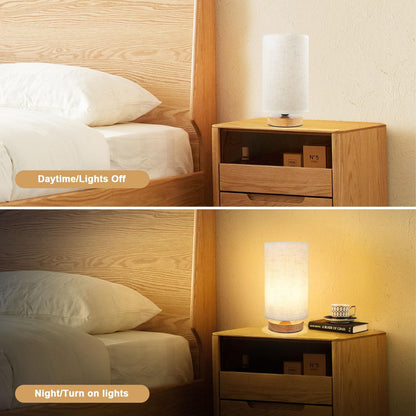 Small Bedside Lamp With Wood Base And Round Warm White Shade