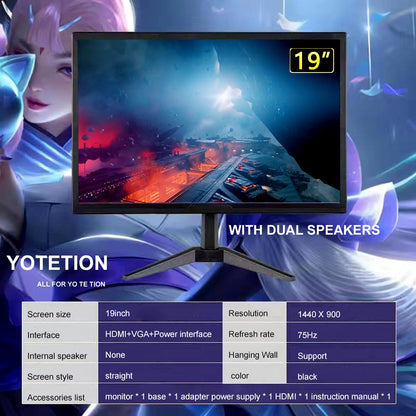 Yotetion 19 Inch Monitor 1440x900 75Hz HDMI VGA VESA 75mm