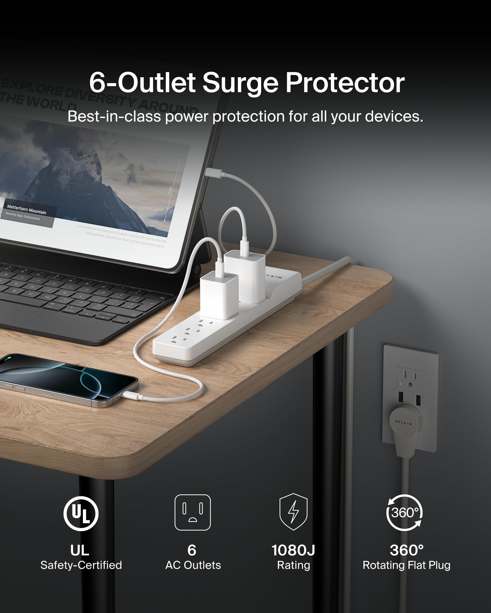 Belkin Surge Protector Power Strip 1080 Joules Rotating Plug