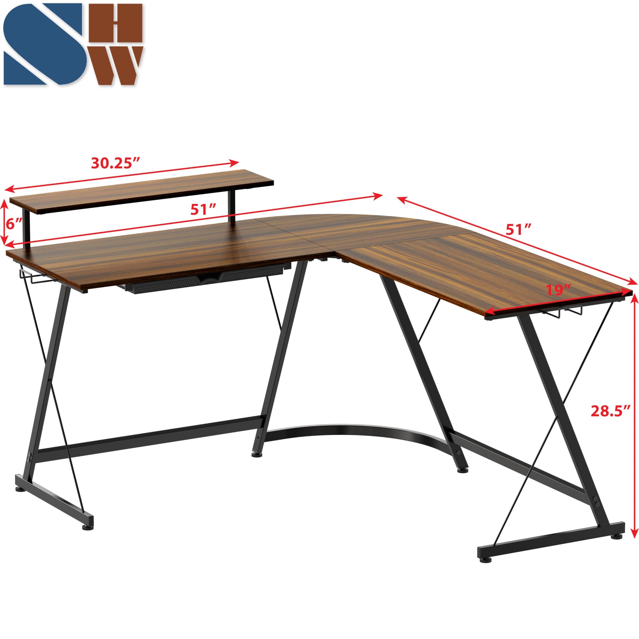 L Shaped Black Desk with Monitor Stand and Drawer