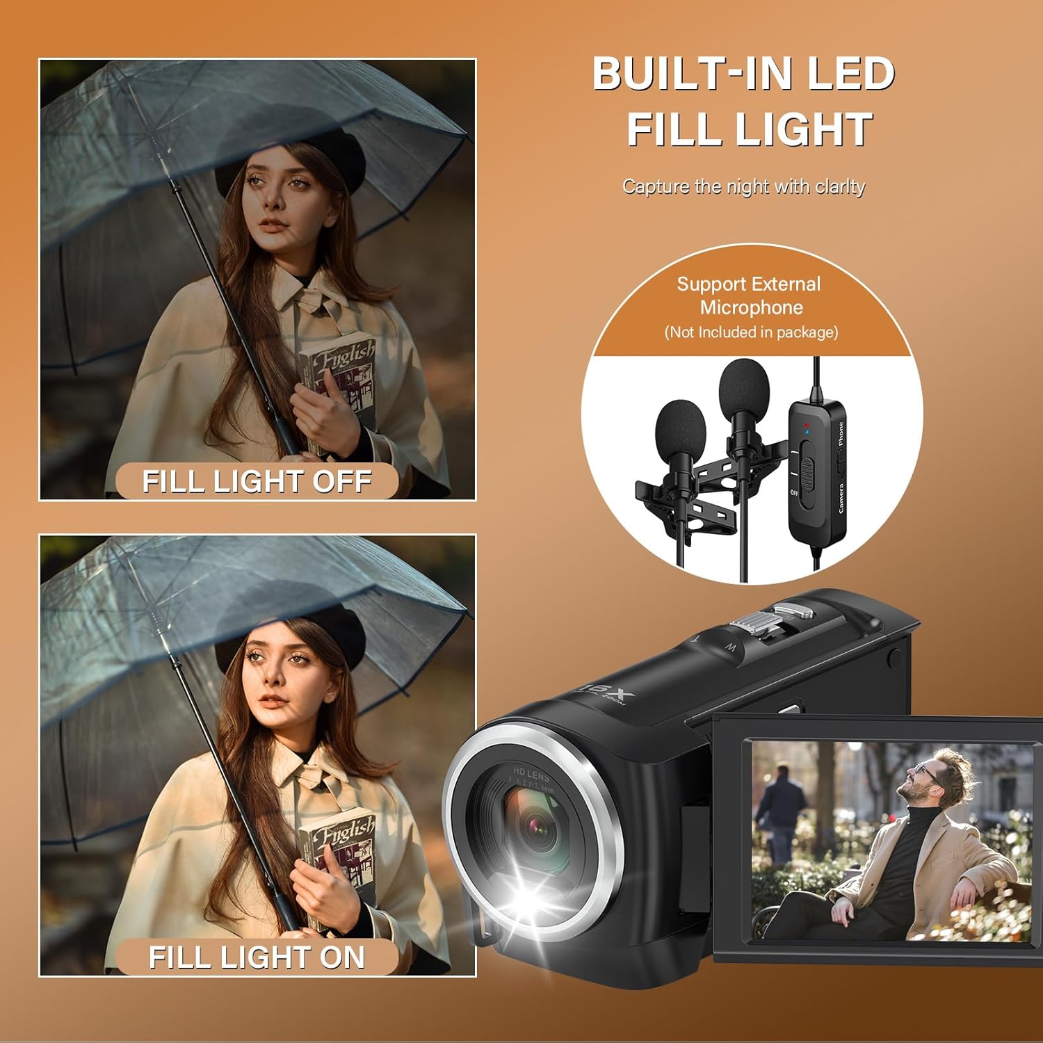 QHD 2.7K Camcorder with 16X Zoom and LED Light
