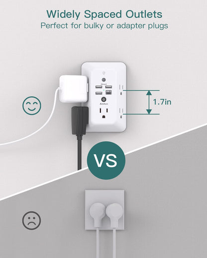 Addtam 9 In 1 USB Wall Outlet With Night Light 5 Outlets