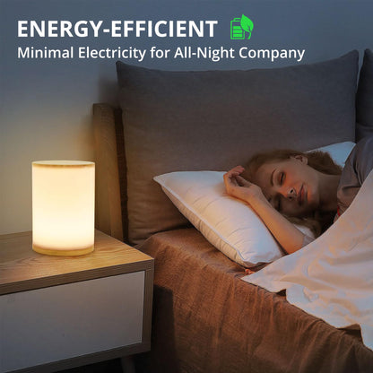 Small Bedside Lamp With Wood Base And Round Warm White Shade