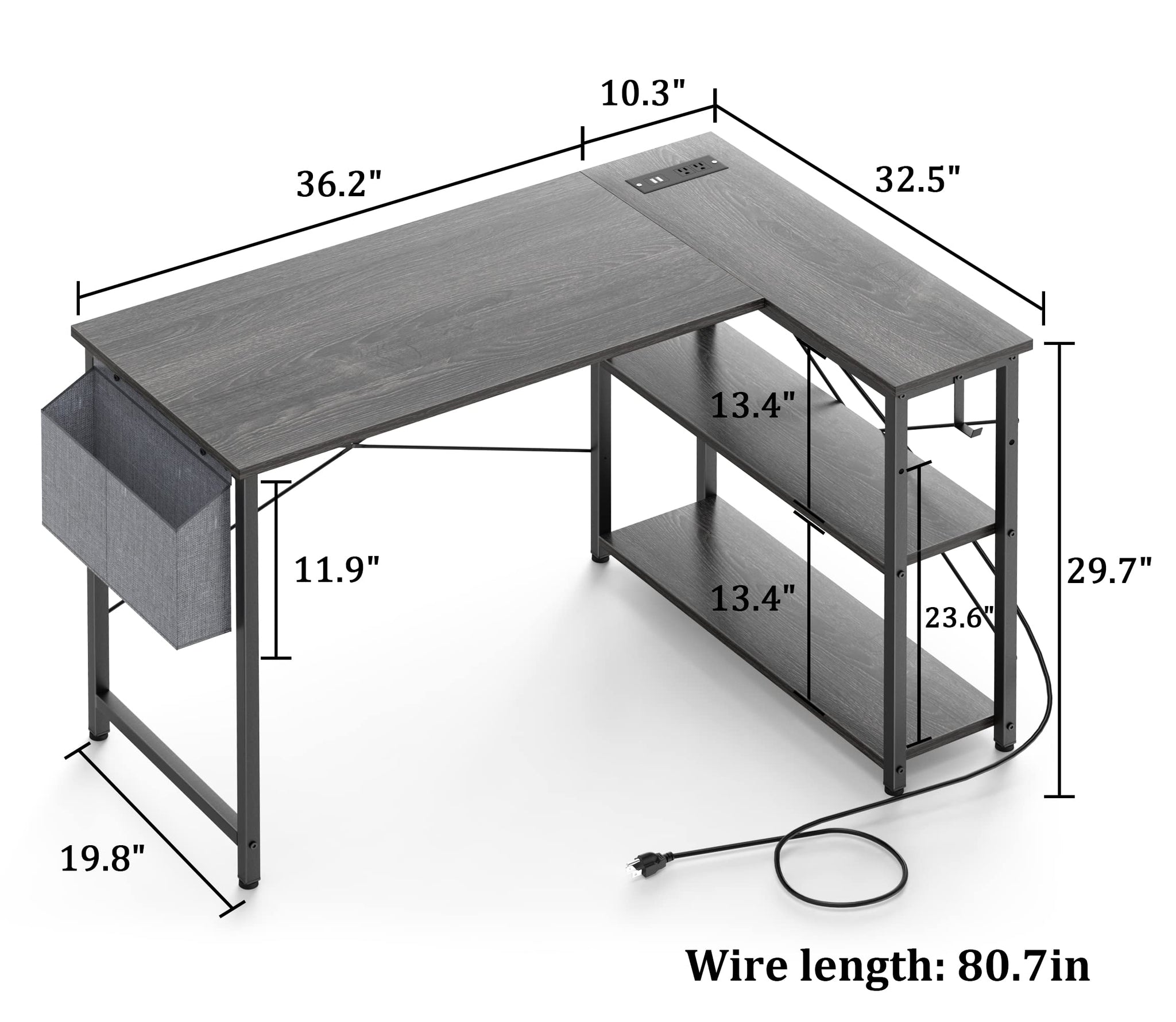 L Shaped Office Desk with USB Ports for Small Spaces