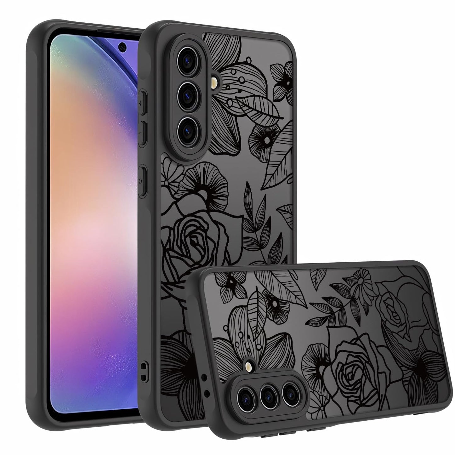 Samsung Galaxy A16 5G Case Black Line Art Floral Rose Pattern Heavy Duty PC