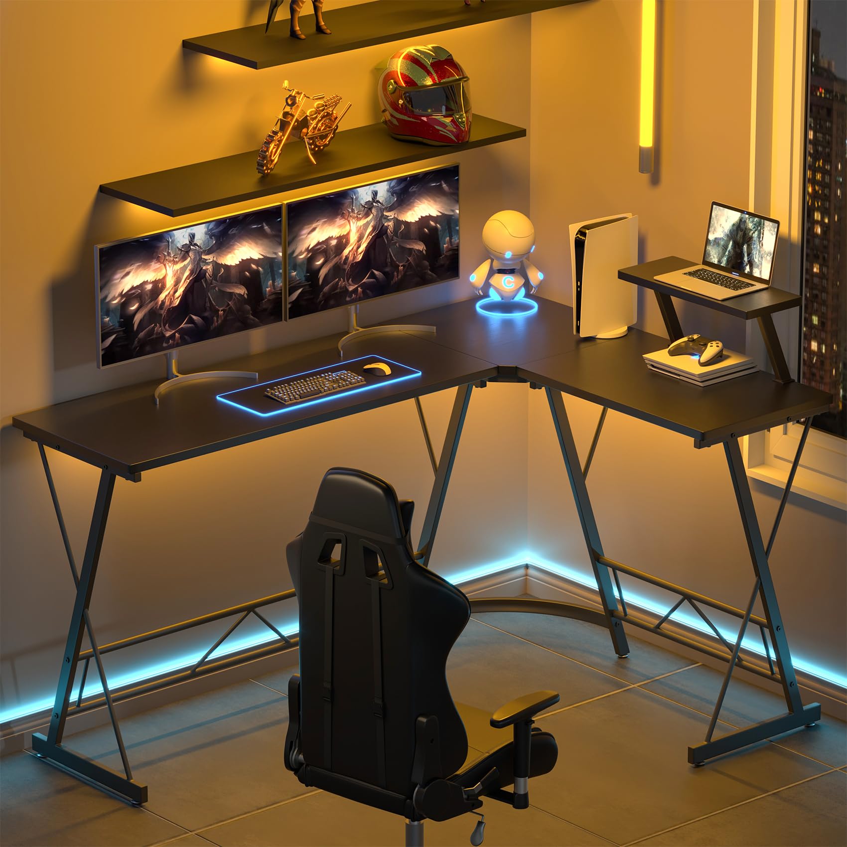 L Shaped Gaming Desk with Large Monitor Stand
