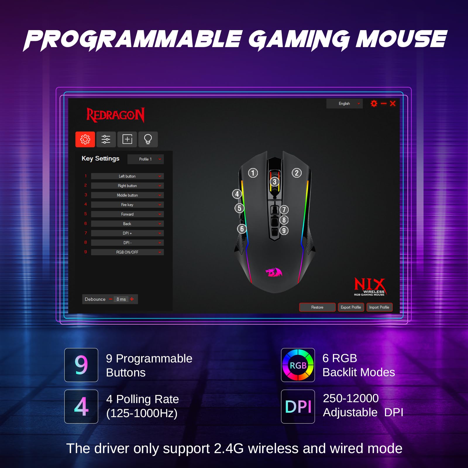 Redragon Wireless Gaming Mouse with 8000 DPI Performance
