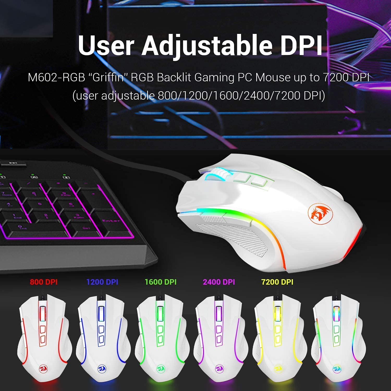 Redragon M602 Ergonomic RGB Gaming Mouse with Adjustable DPI
