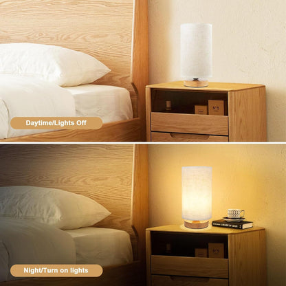 Small Bedside Lamp With Wood Base And Round Warm White Shade