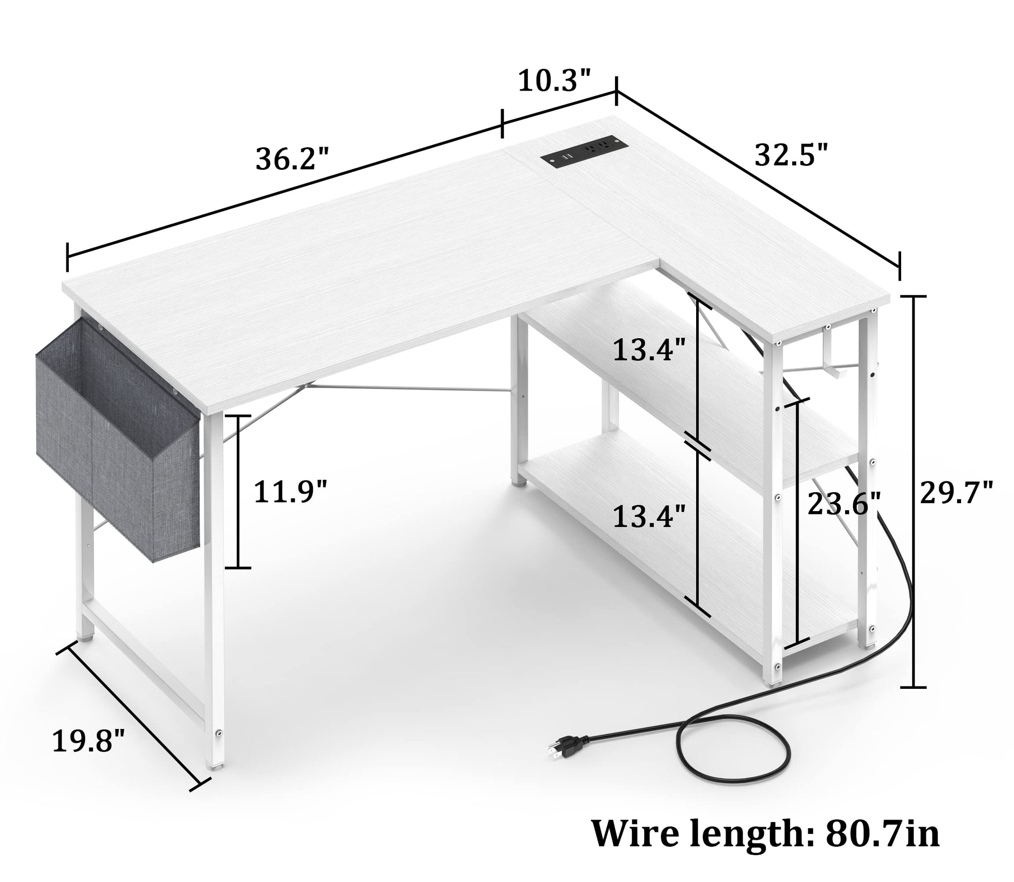 L Shaped Office Desk with USB Ports for Small Spaces