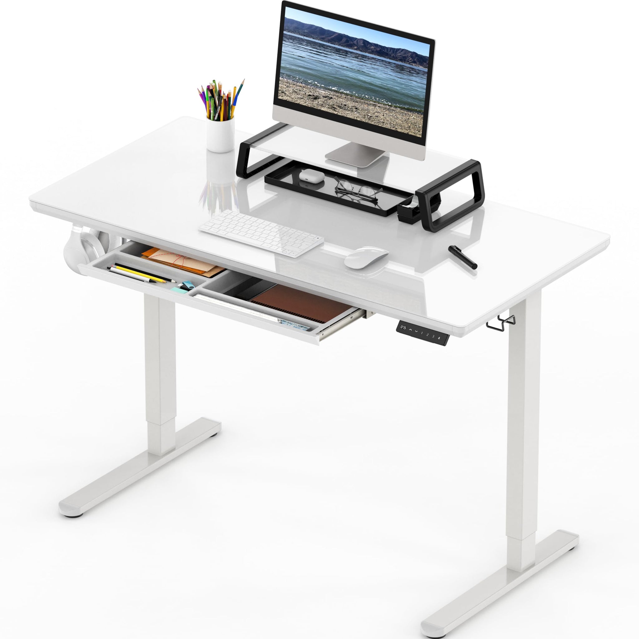 Height Adjustable Glass Desk With Monitor Riser