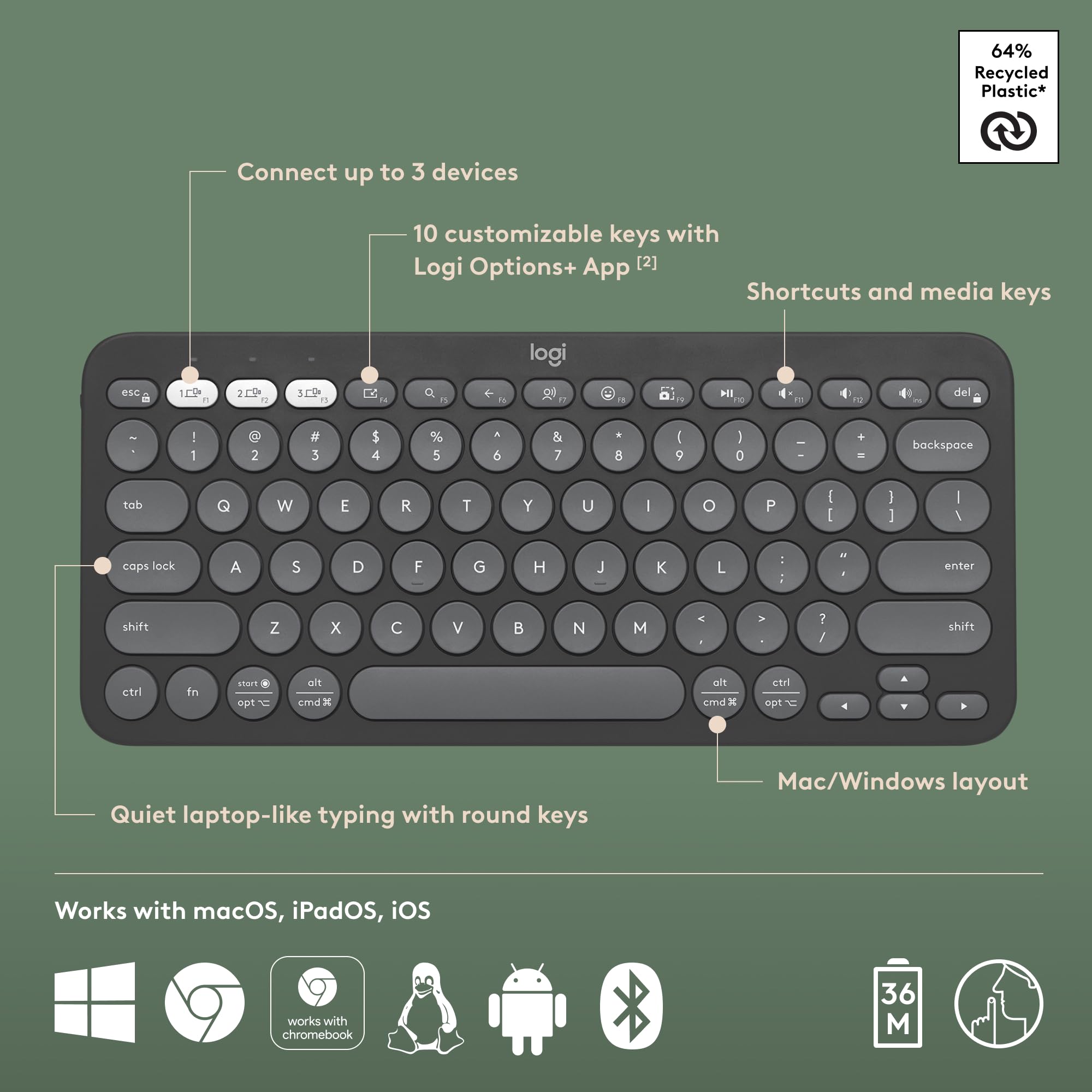 Logitech Pebble K380s Bluetooth Keyboard Slim Portable Design