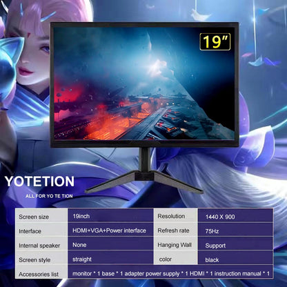 Yotetion 19 Inch Monitor 1440x900 75Hz HDMI VGA VESA 75mm
