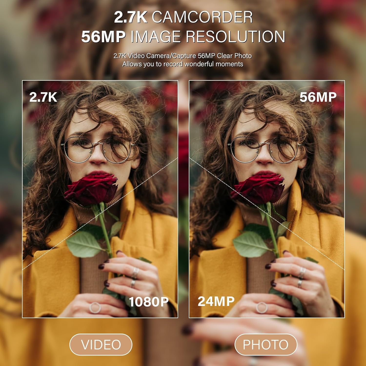 QHD 2.7K Camcorder with 16X Zoom and LED Light