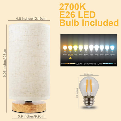 Small Bedside Lamp With Wood Base And Round Warm White Shade