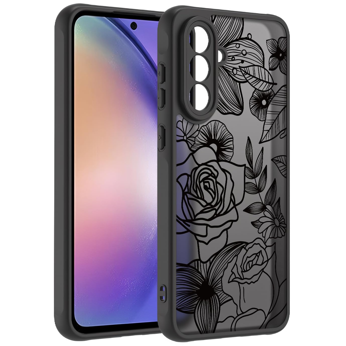 Samsung Galaxy A16 5G Case Black Line Art Floral Rose Pattern Heavy Duty PC