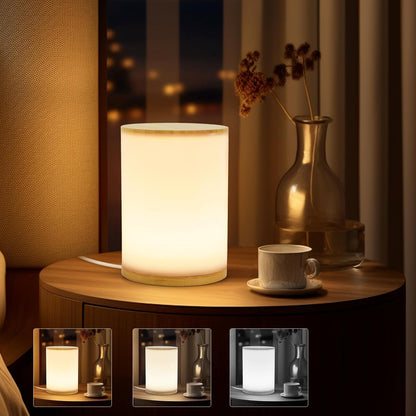 Small Bedside Lamp With Wood Base And Round Warm White Shade