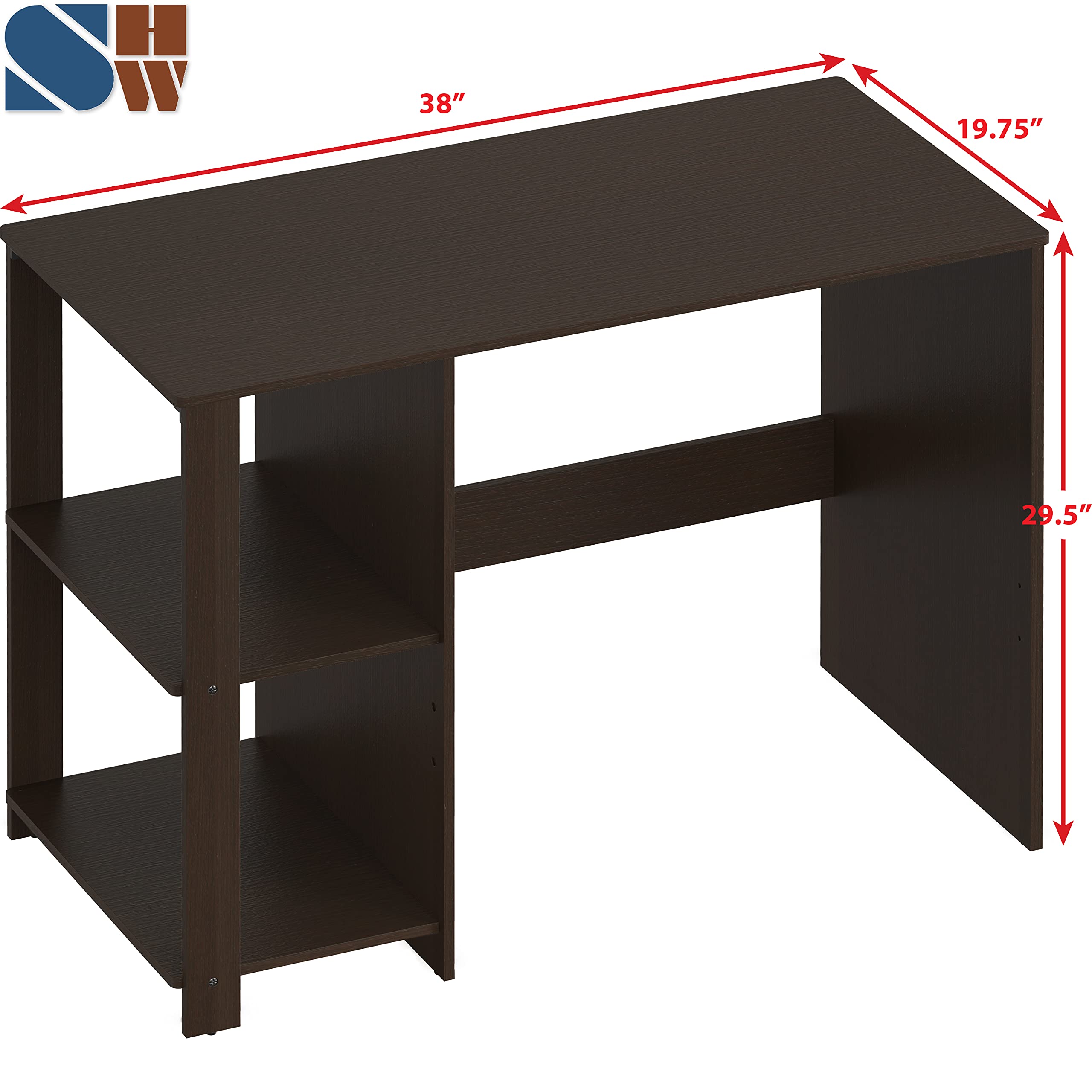 SHW 38 Inch Black Home Office Desk with Shelves