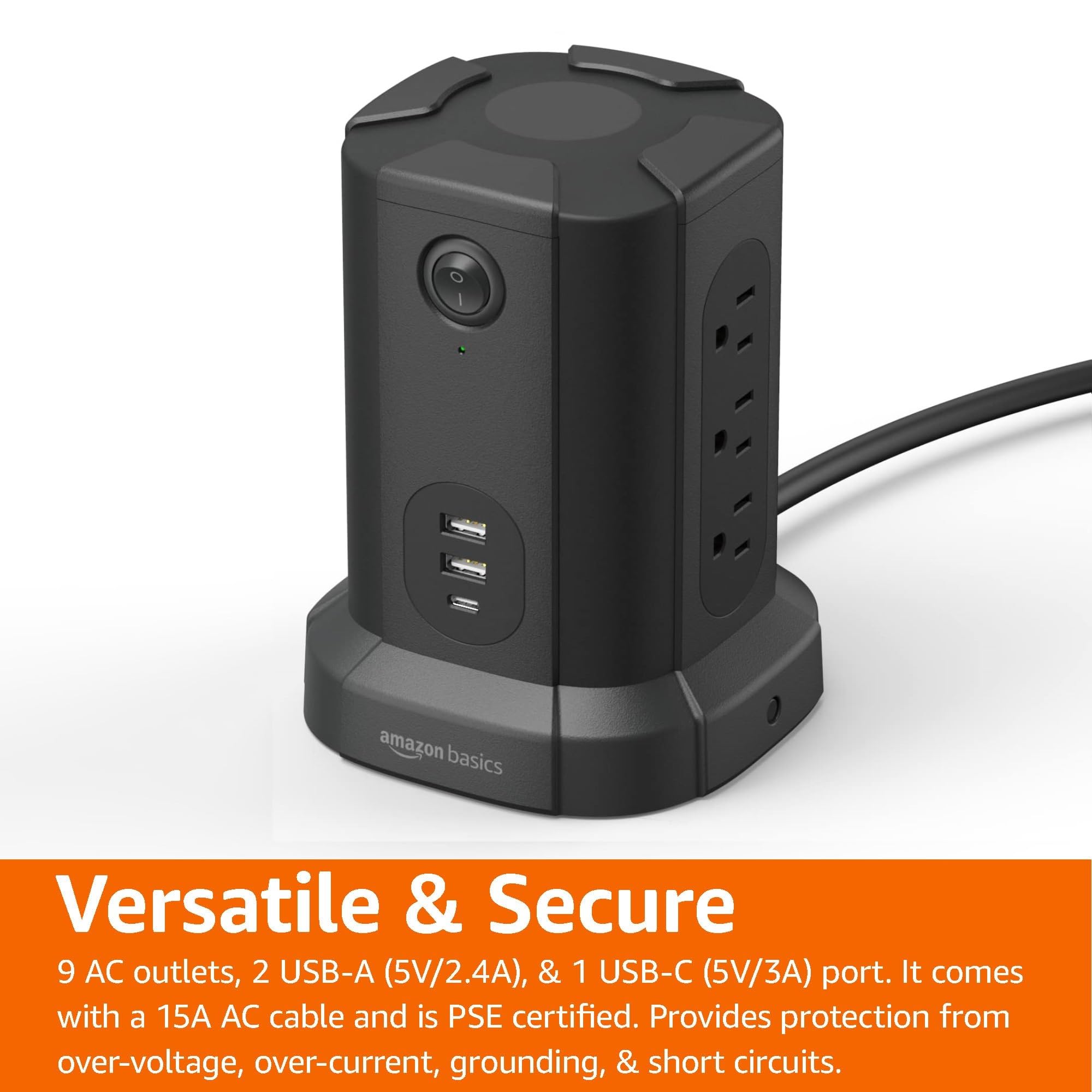 Amazon Basics Power Strip Tower Surge Protector USB Ports